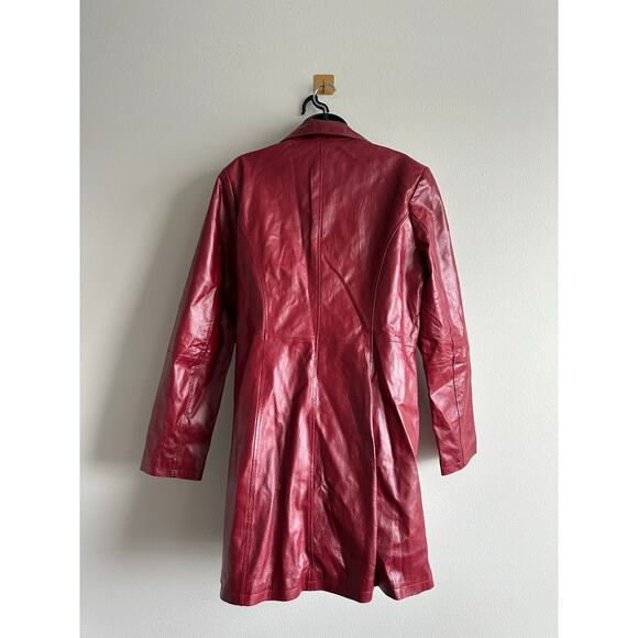 Vintage 90s Oxblood Red Leather Trench Coat Tailored Long Jacket Size 12 Tall - Picture 3 of 6